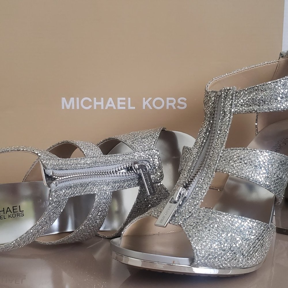 Michael Kors Silver Glitter T-Strap Berkley Heels
